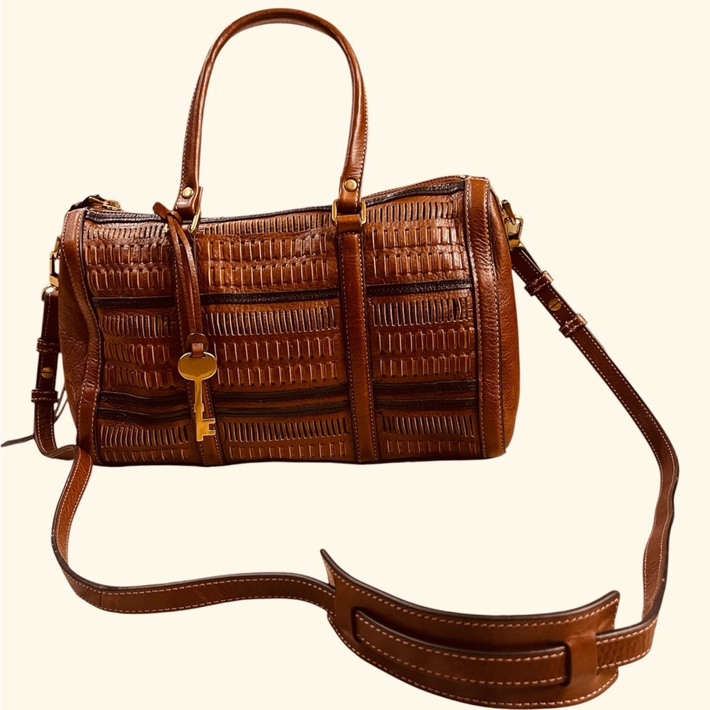 Fossil 1954 Braided Front Brown Leather Tote Satchel Bag